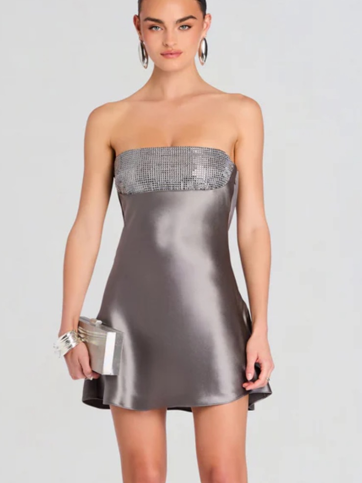 Retrofete Lois Embellished Strapless Silver Satin Mini Dress Crystal Draped Sz S